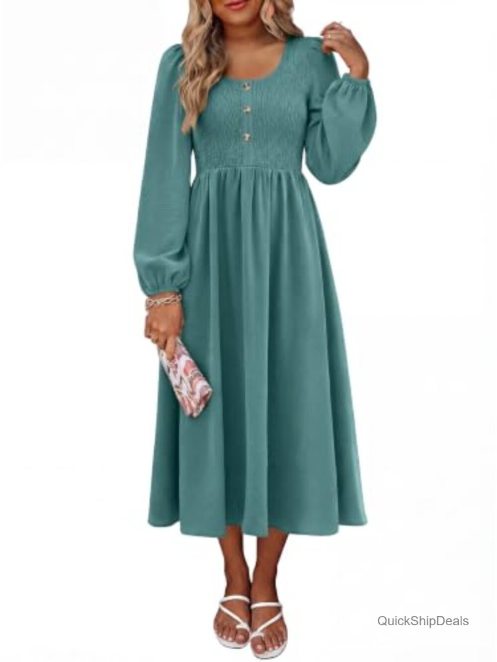 Women Long Sleeve Scoop Neck Midi Dress Smocked A-Line Fall Casual